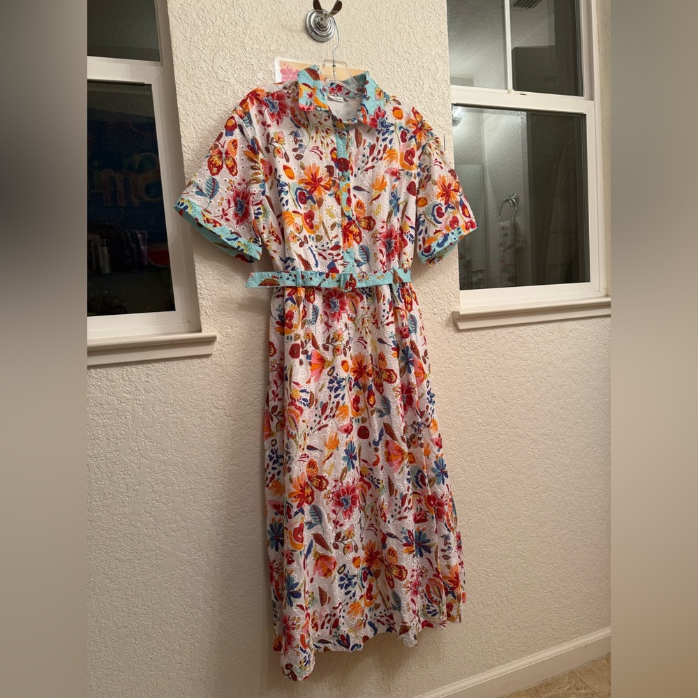 Hermoza 💯%Cotton Poplin Francesca Floral Watercolor Maxi Dress Resort Wear Small
